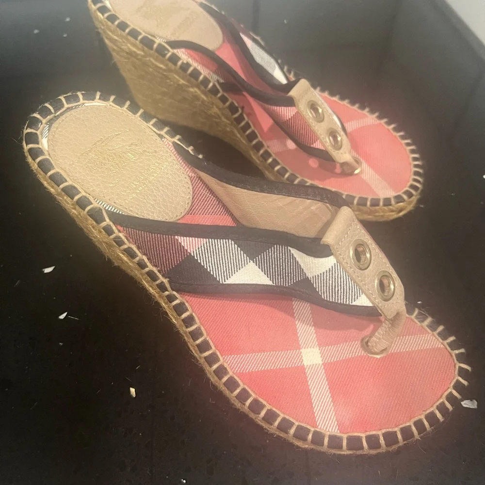 Burberry Red and Black Plaid Wedge Sandals - Picture 2 of 6